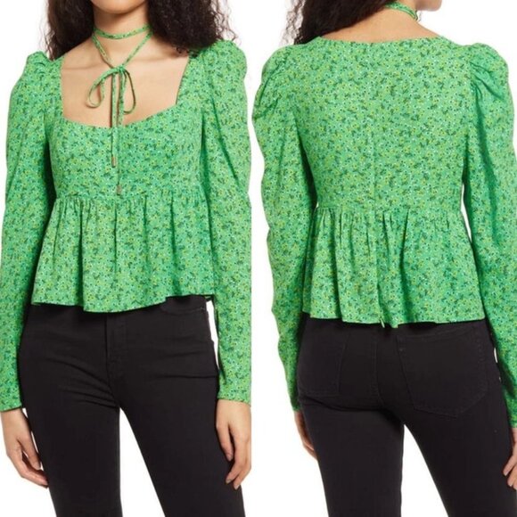 NEW AFRM Green Puff Sleeve Printed‎ Blouse Square Neck Size Large Hough Top Boho - Picture 1 of 13